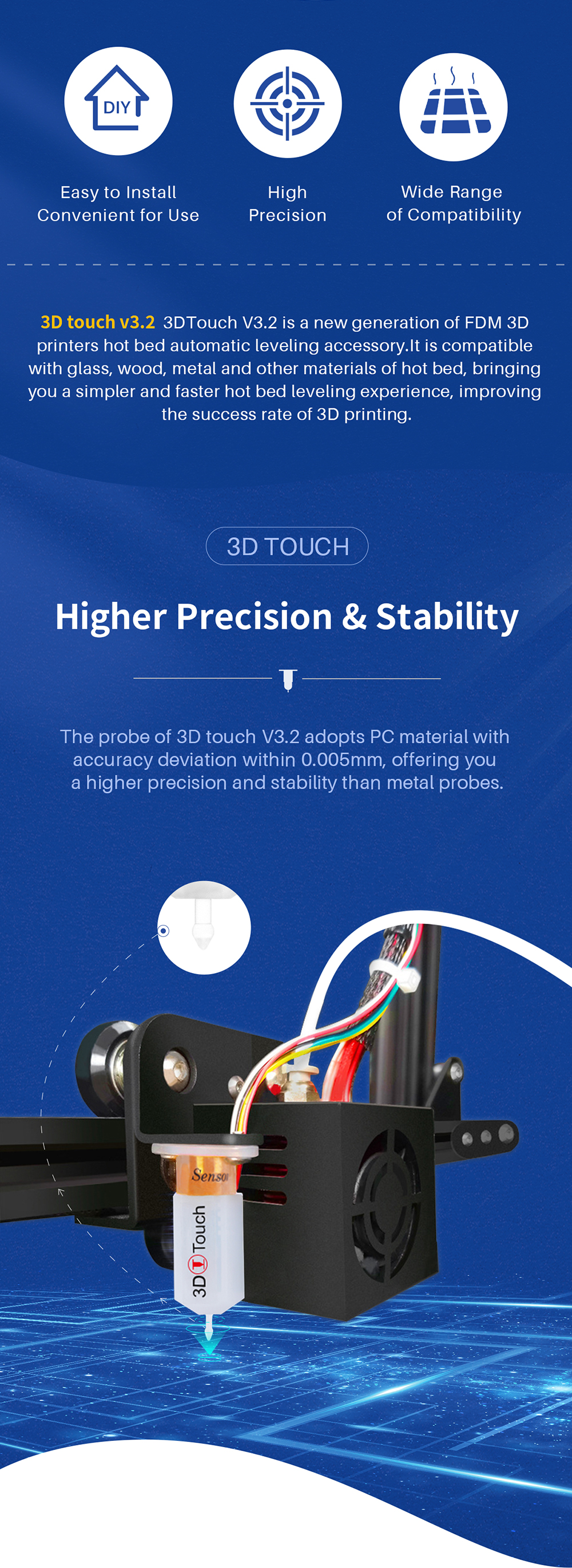 Tooart Sensor Táctil 3D,3Dtouch Kit De Sensor De Nivelación Automática De Cama De Alta Precisión Compatible Con Creality Ender-3 V2 Ultimaker 2 Anycubic Mega Kossel Wanhao I3 Impresora 3D 3S 